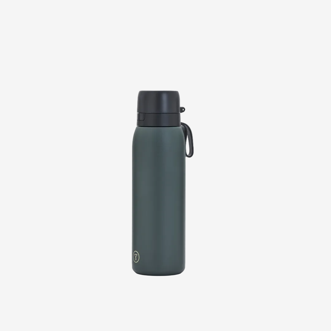 A black stainless steel water bottle with a flip-top lid on a light blue background.