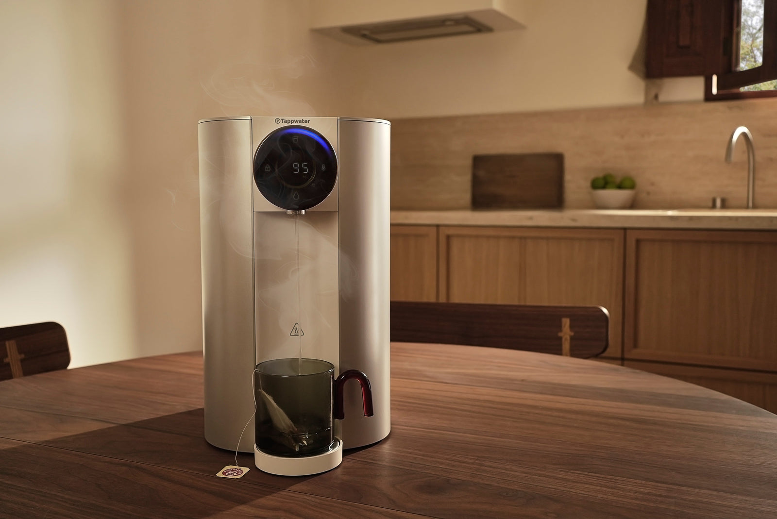 Tappwater Countertop RO dispensing hot water for tea — removes 99% of fluoride before heating