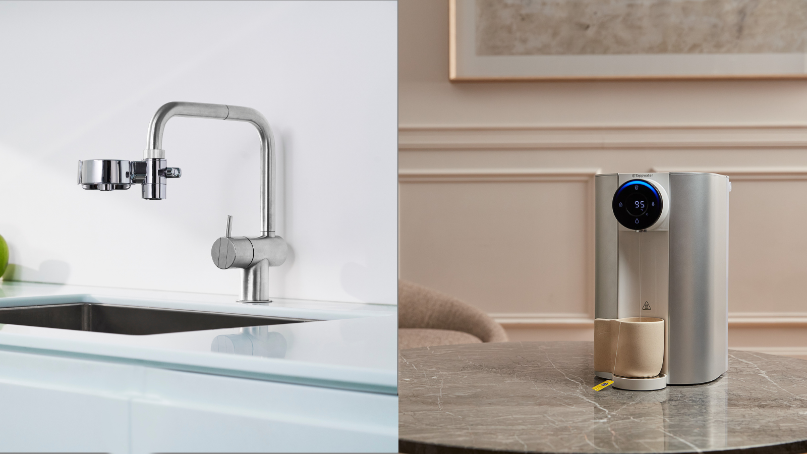 Tappwater EcoPro Compact tap filter and Reverse Osmosis Countertop Water Filter side by side — two approaches to fluoride removal