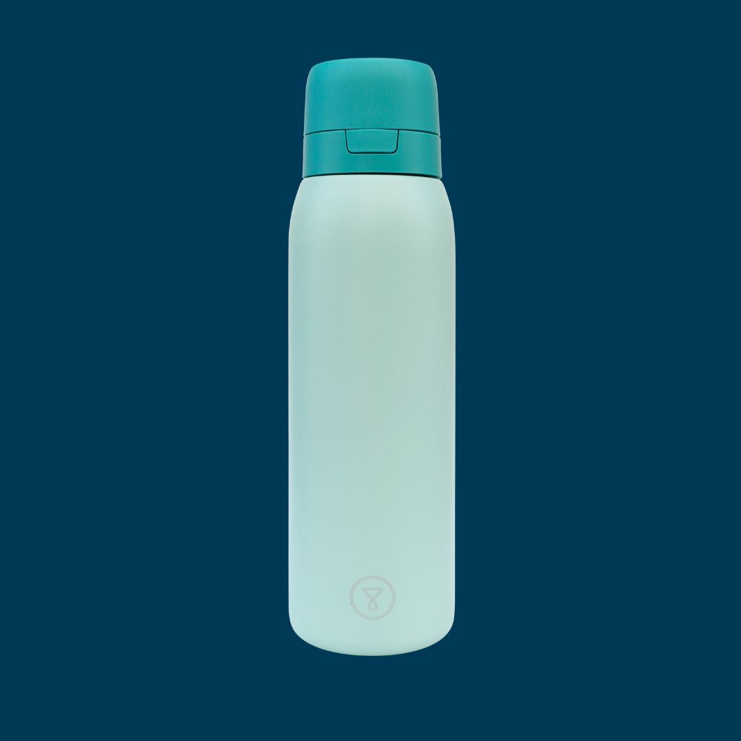 A black stainless steel water bottle with a flip-top lid on a light blue background.